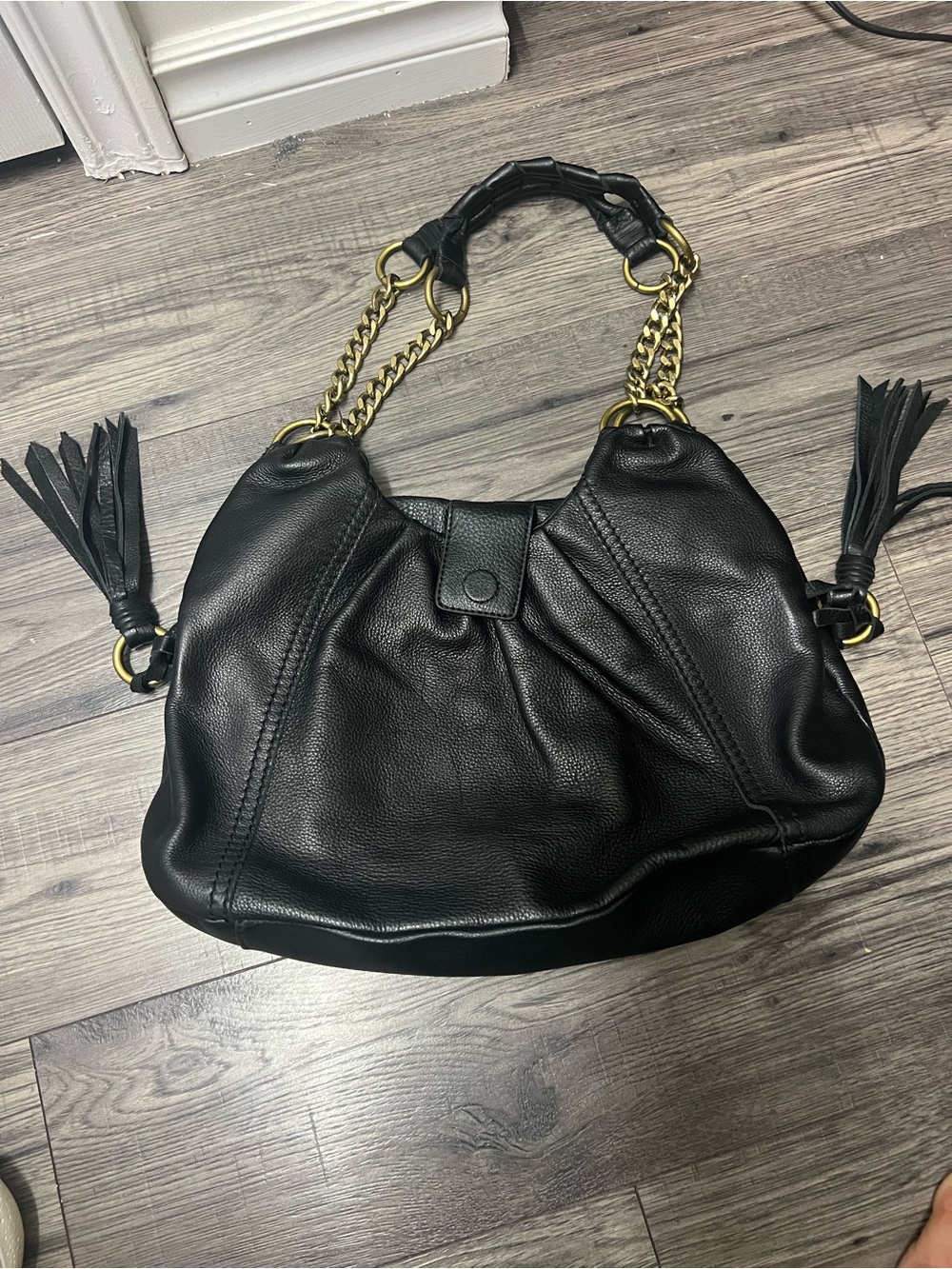 THE SAK Black genuine Leather Hobo Bag with Gold Chain Handles